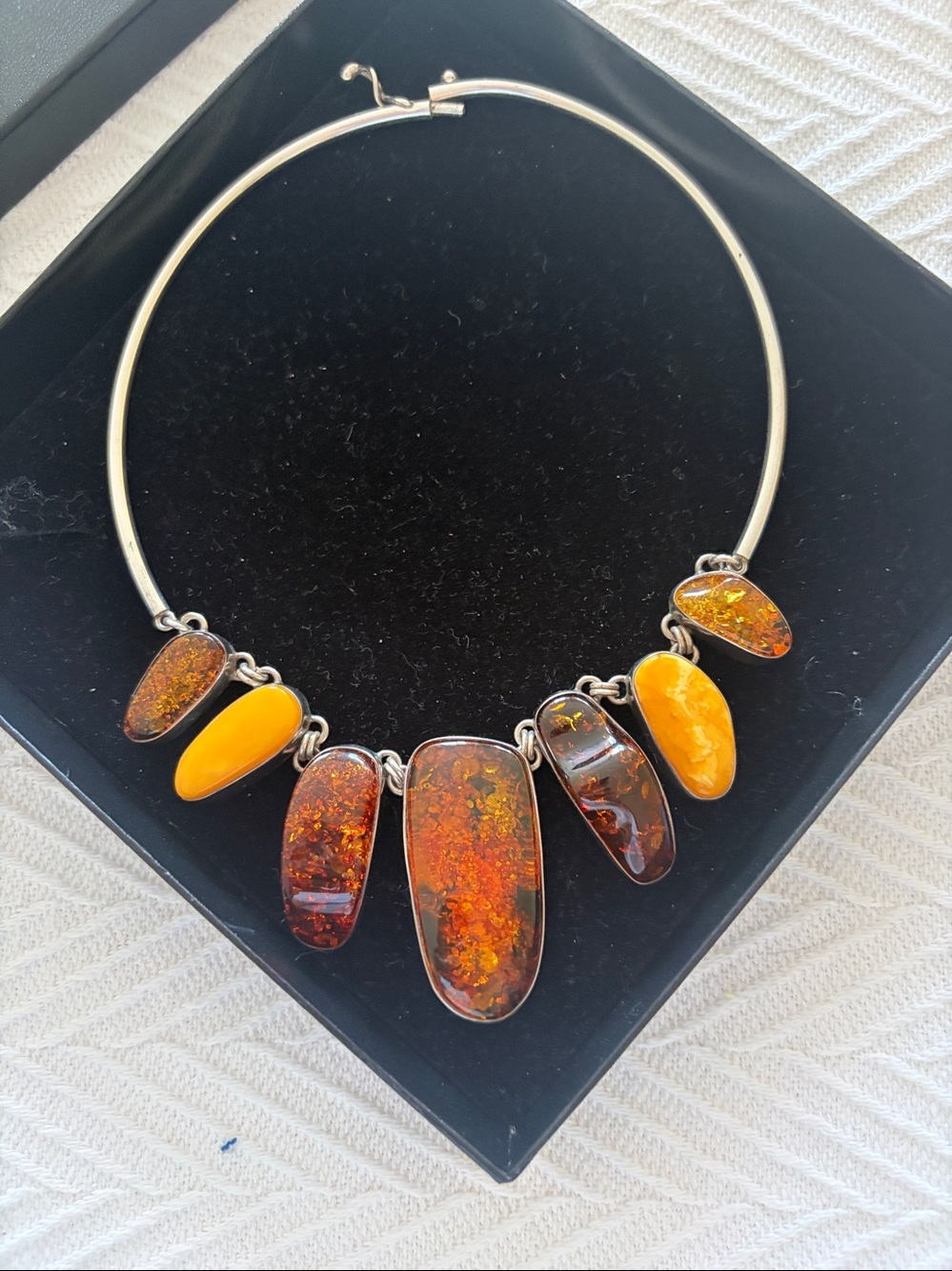Stunning Sterling Silver Amber and Black Statement Necklace
